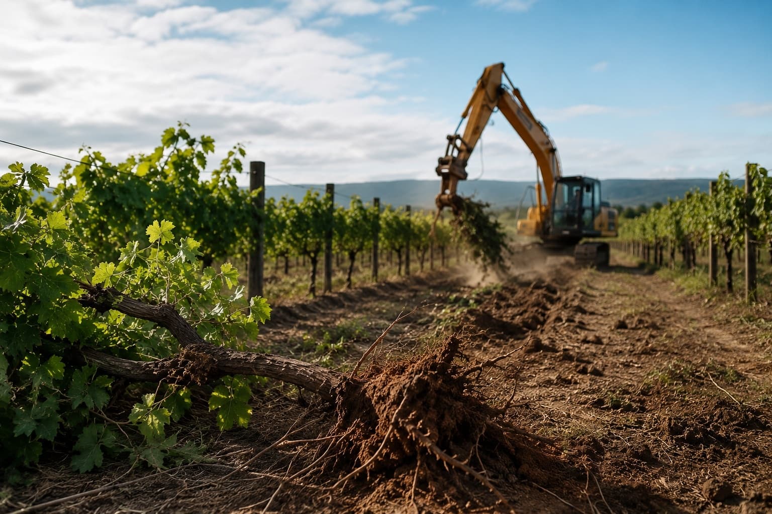 An excavator entering a green vineyard with an uprooted vine in the foreground