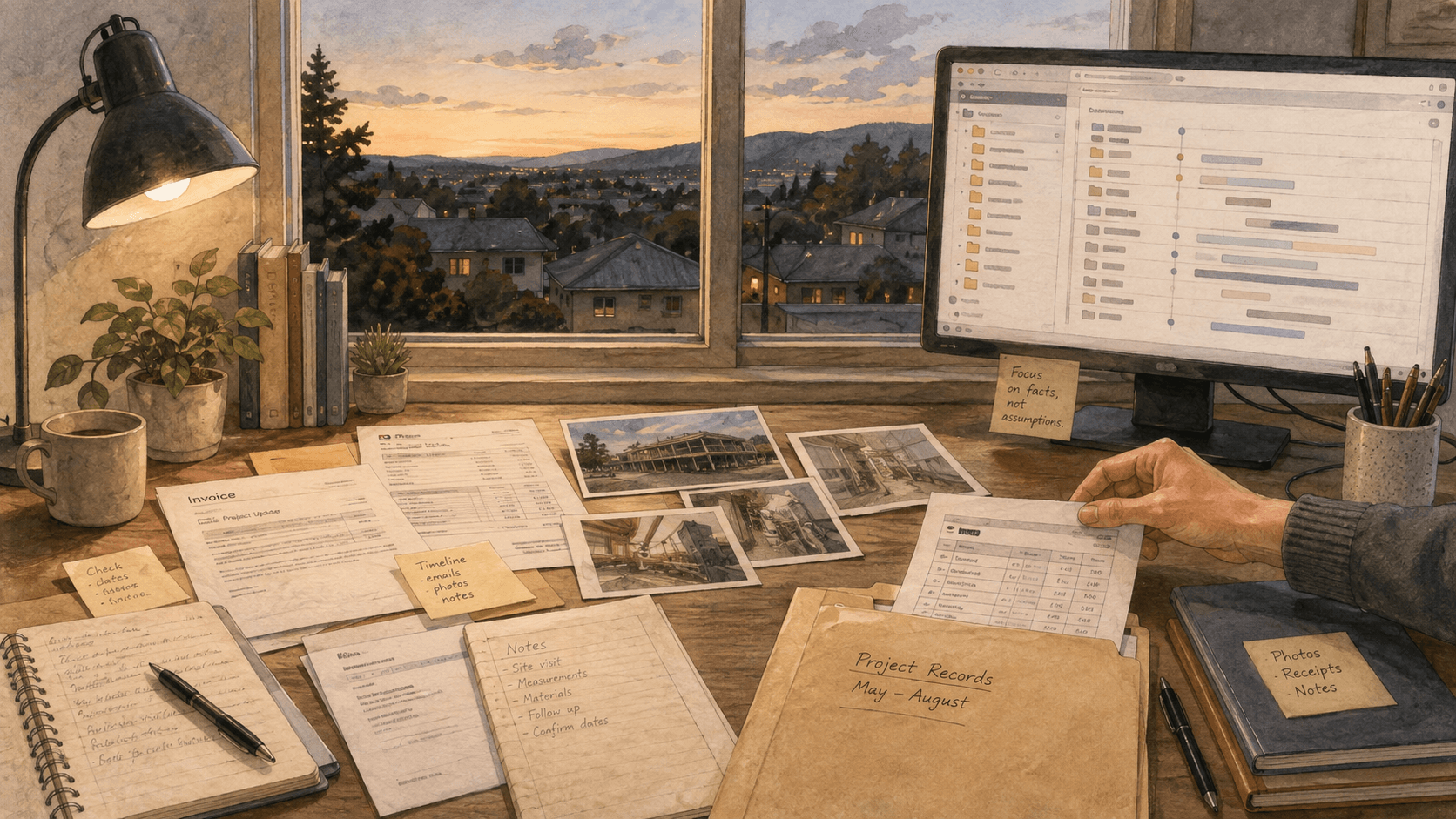 Project records and a timeline being organised at an evening desk