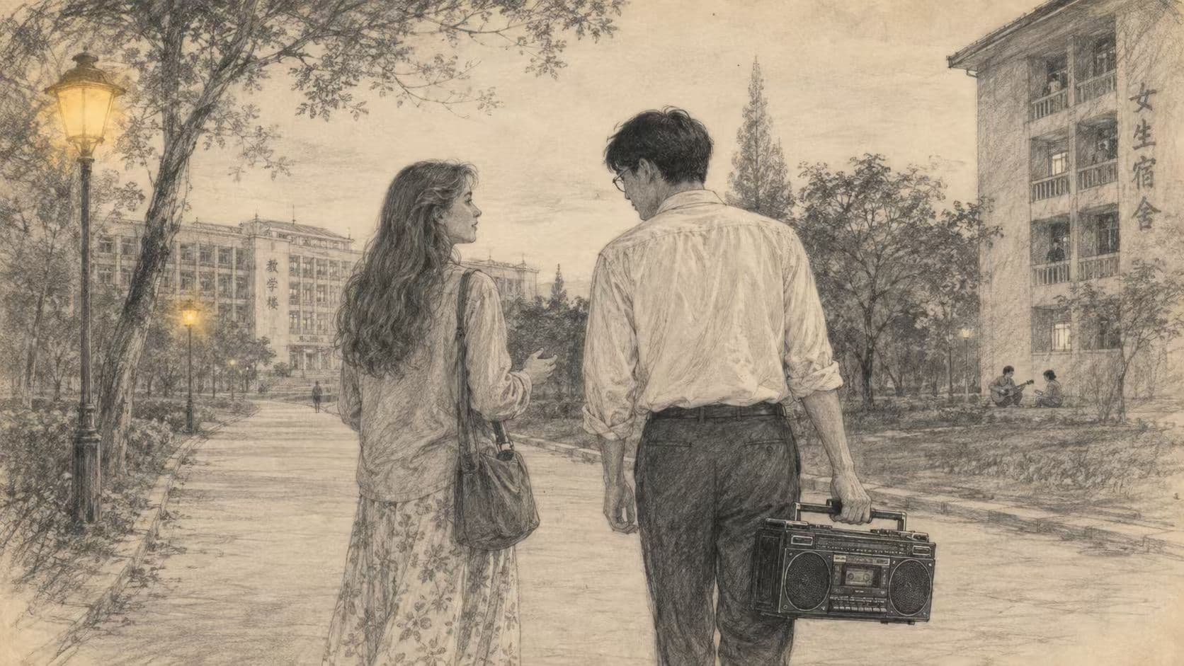 A student carrying a tape recorder beside his New Zealand teacher on a 1990s university campus