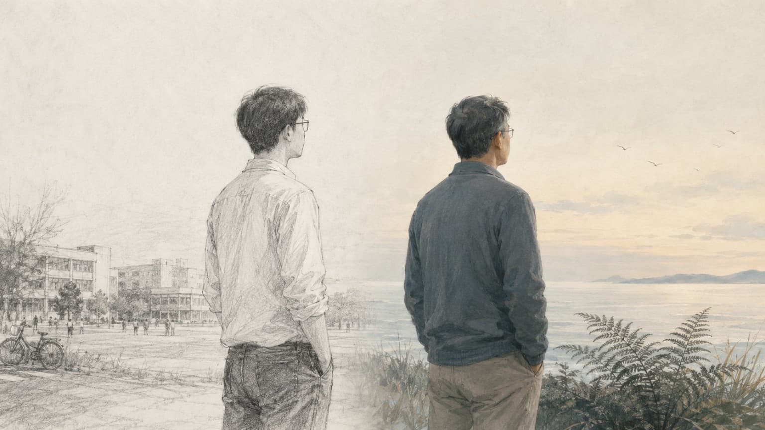 A middle-aged man and his younger self looking towards the coast