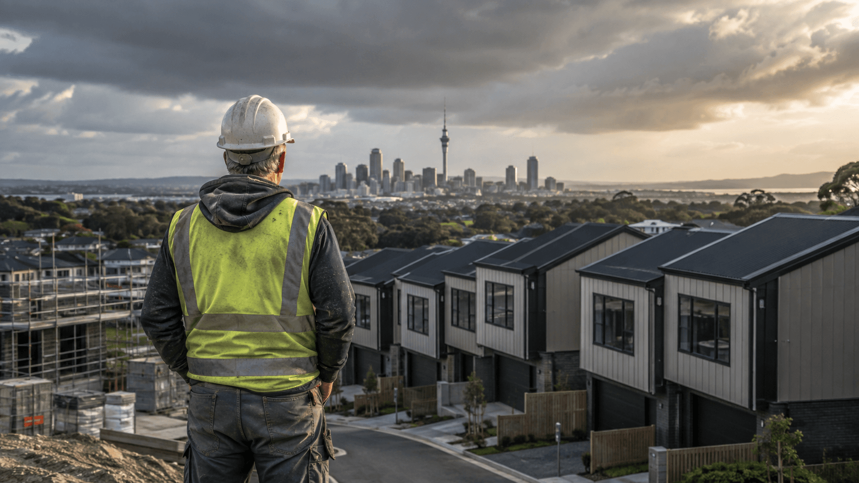 A construction worker overlooking Auckland housing developments and the city skyline