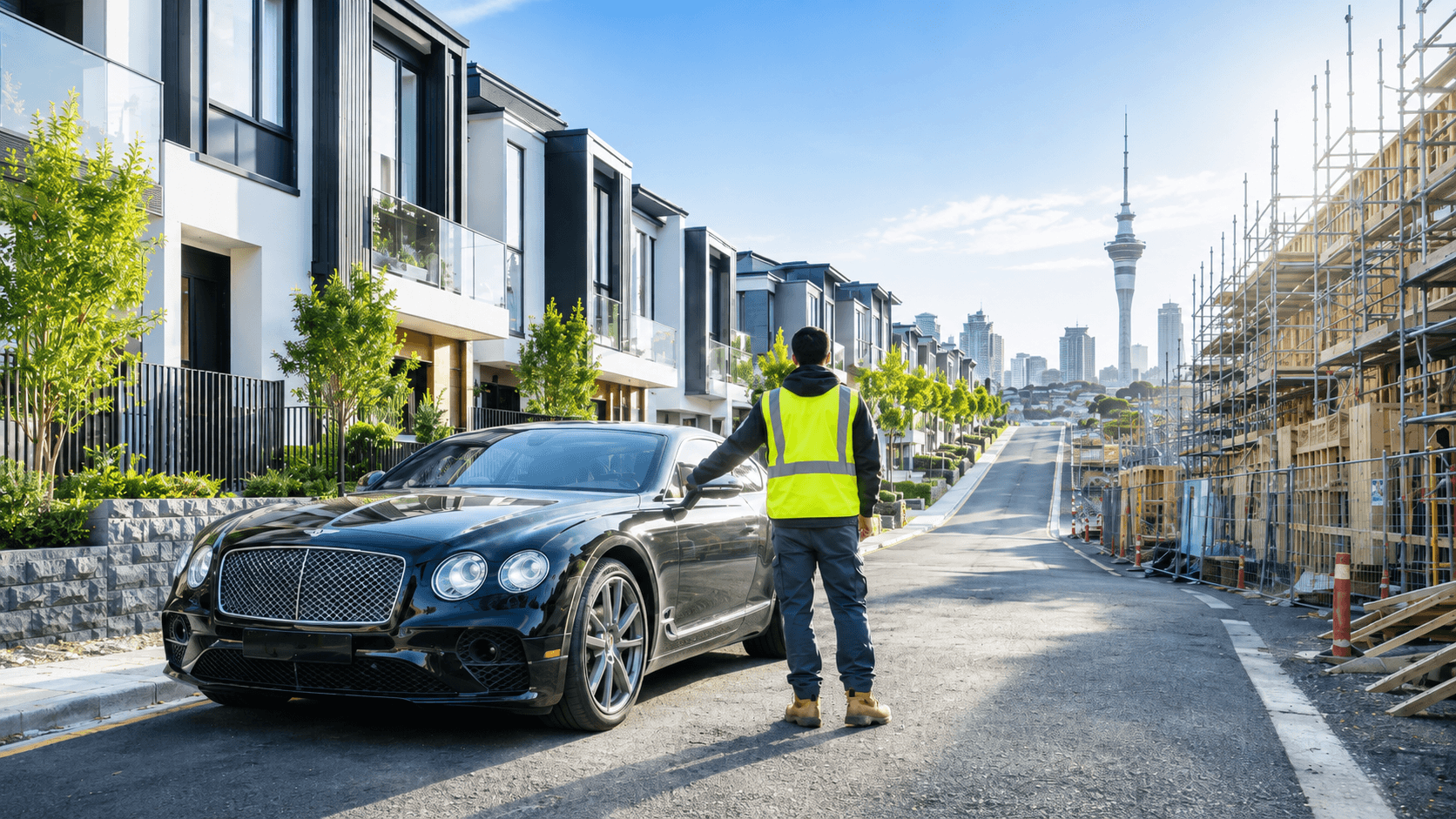 Charlie standing beside a Bentley above an Auckland housing development