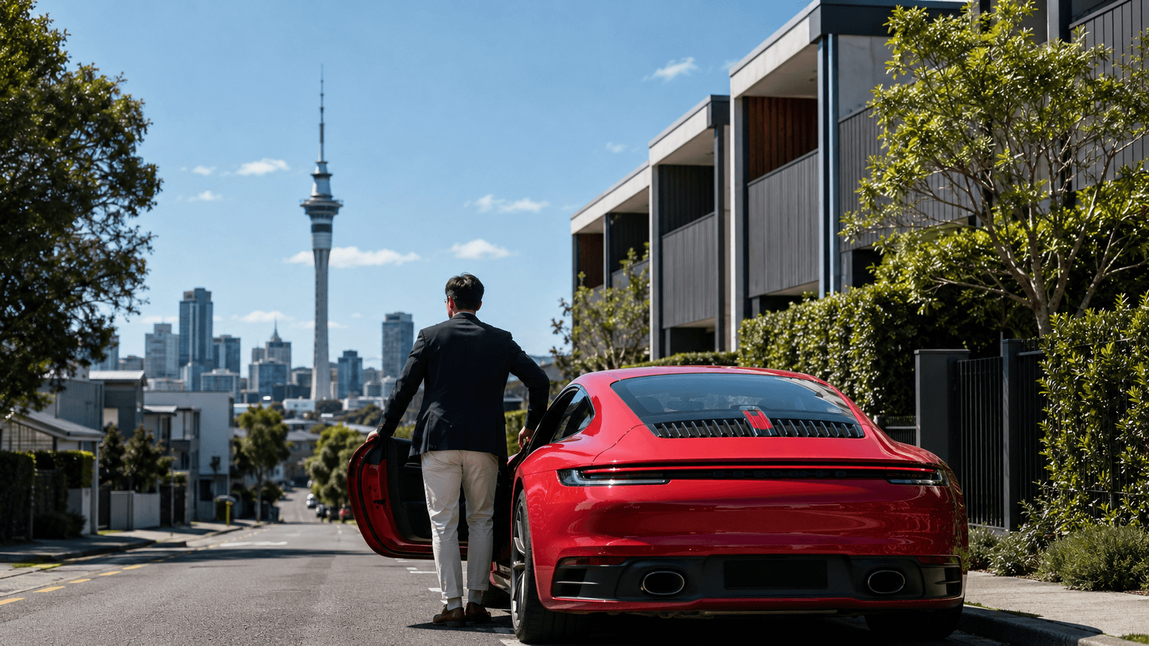Wang Ge opening the door of a red Porsche in bright sunlight