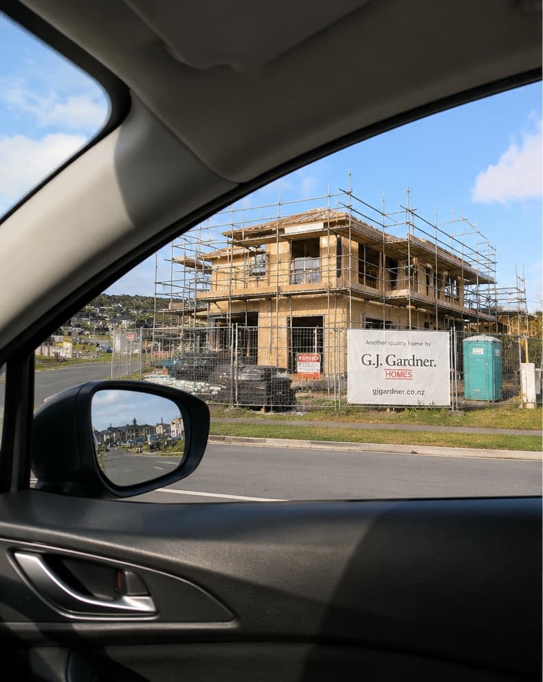 A view of a housing development from inside a car