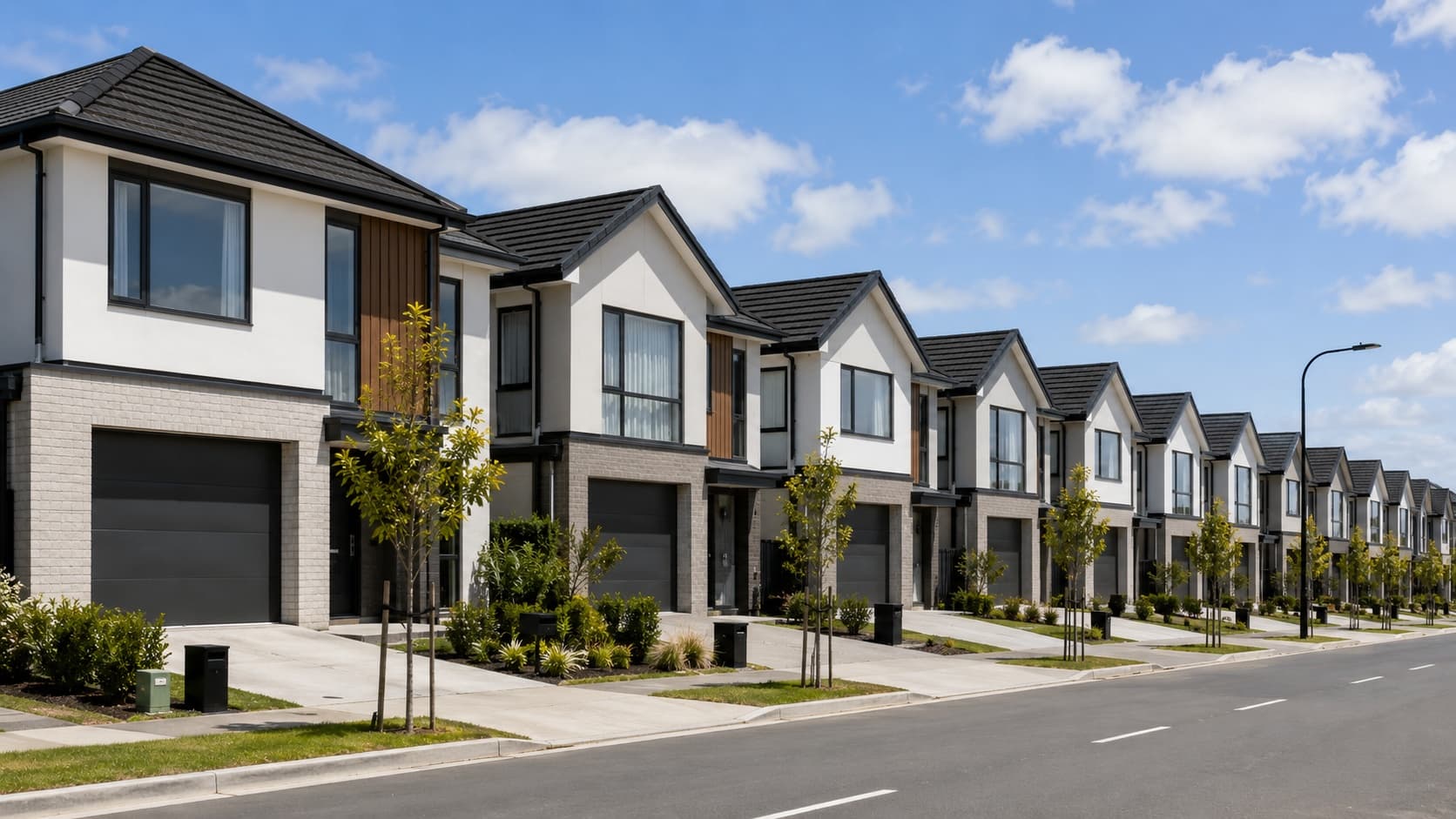 A row of similar new homes that buyers can compare directly