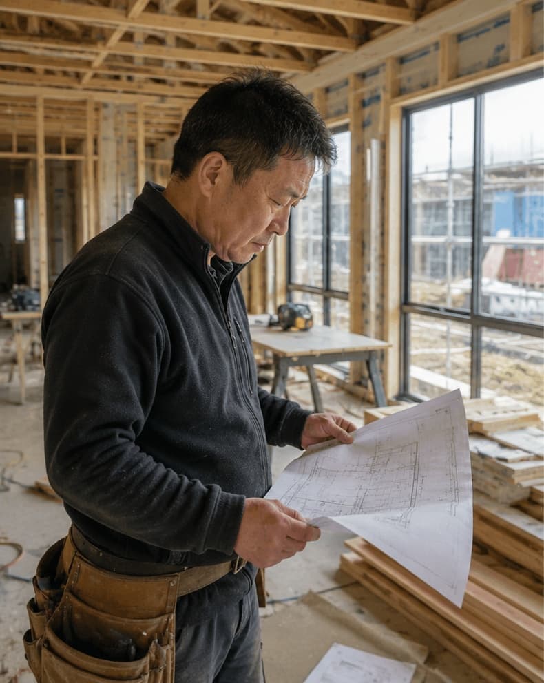 A construction business owner reviewing plans and site work