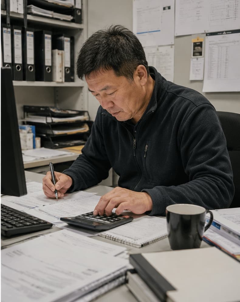 The same business owner working through project costs and administration