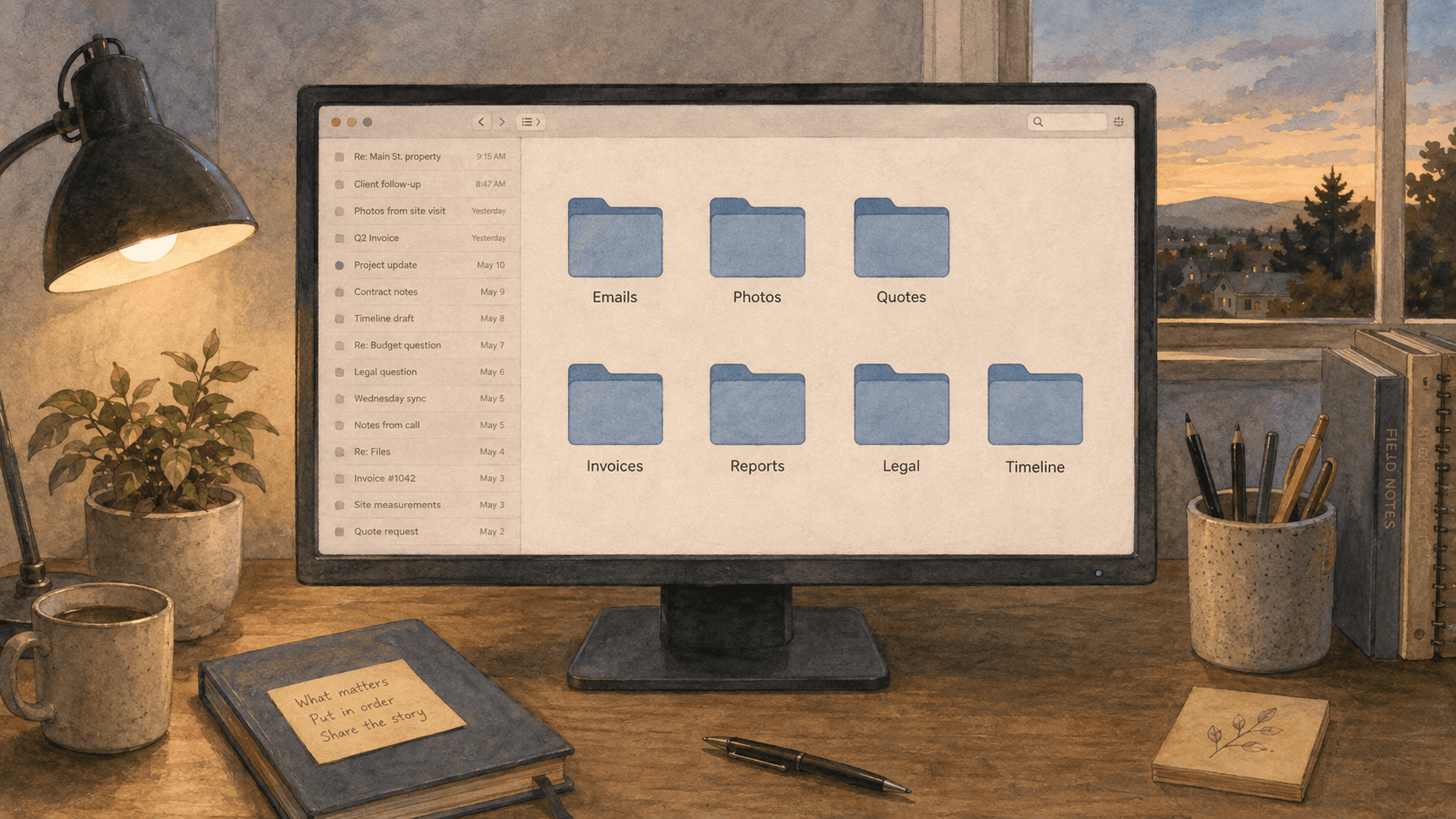 Illustration of an organised digital workspace with folders for emails, photos, quotes, invoices, reports, legal correspondence and a timeline