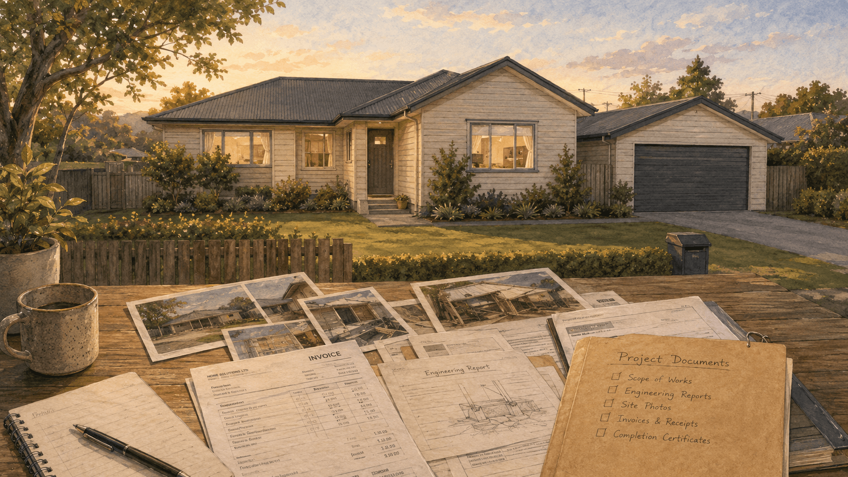 Illustration of a repaired suburban home with project photographs, invoices and reports spread across a desk in the foreground