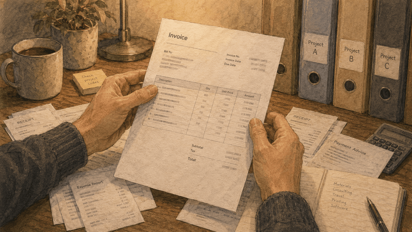 Illustration of hands reviewing an invoice beside folders for Projects A, B and C