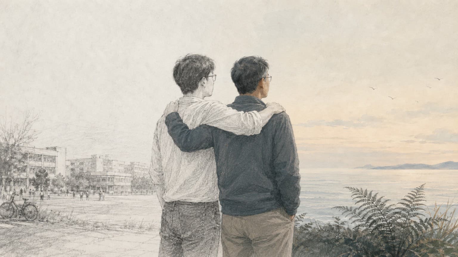 Younger and present-day versions of the same man with their arms around each other's shoulders, looking ahead between a campus memory and a New Zealand coast