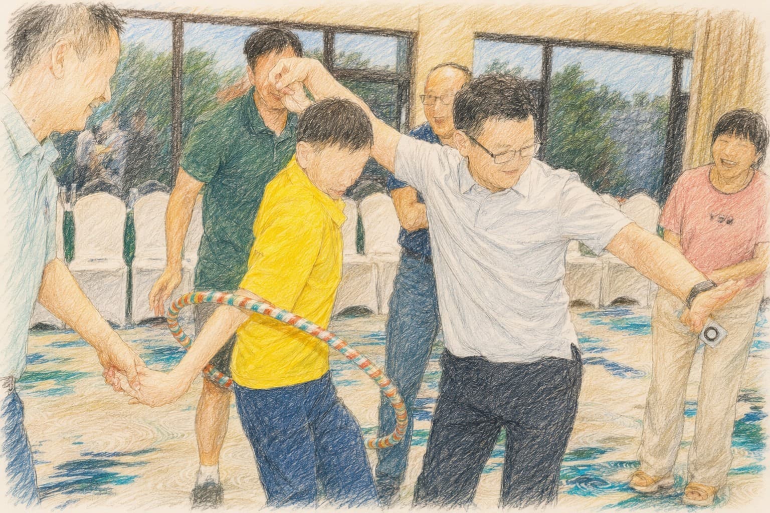 An illustration of classmates playing hula-hoop and three-legged games at their reunion