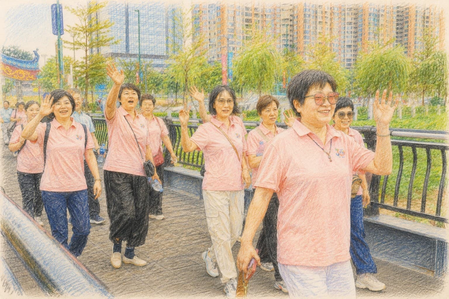 An illustration of old classmates walking together at their reunion