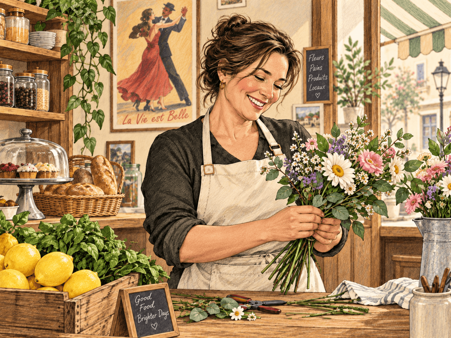 彩色手绘插画:一位爱花的老板娘在店里整理花束